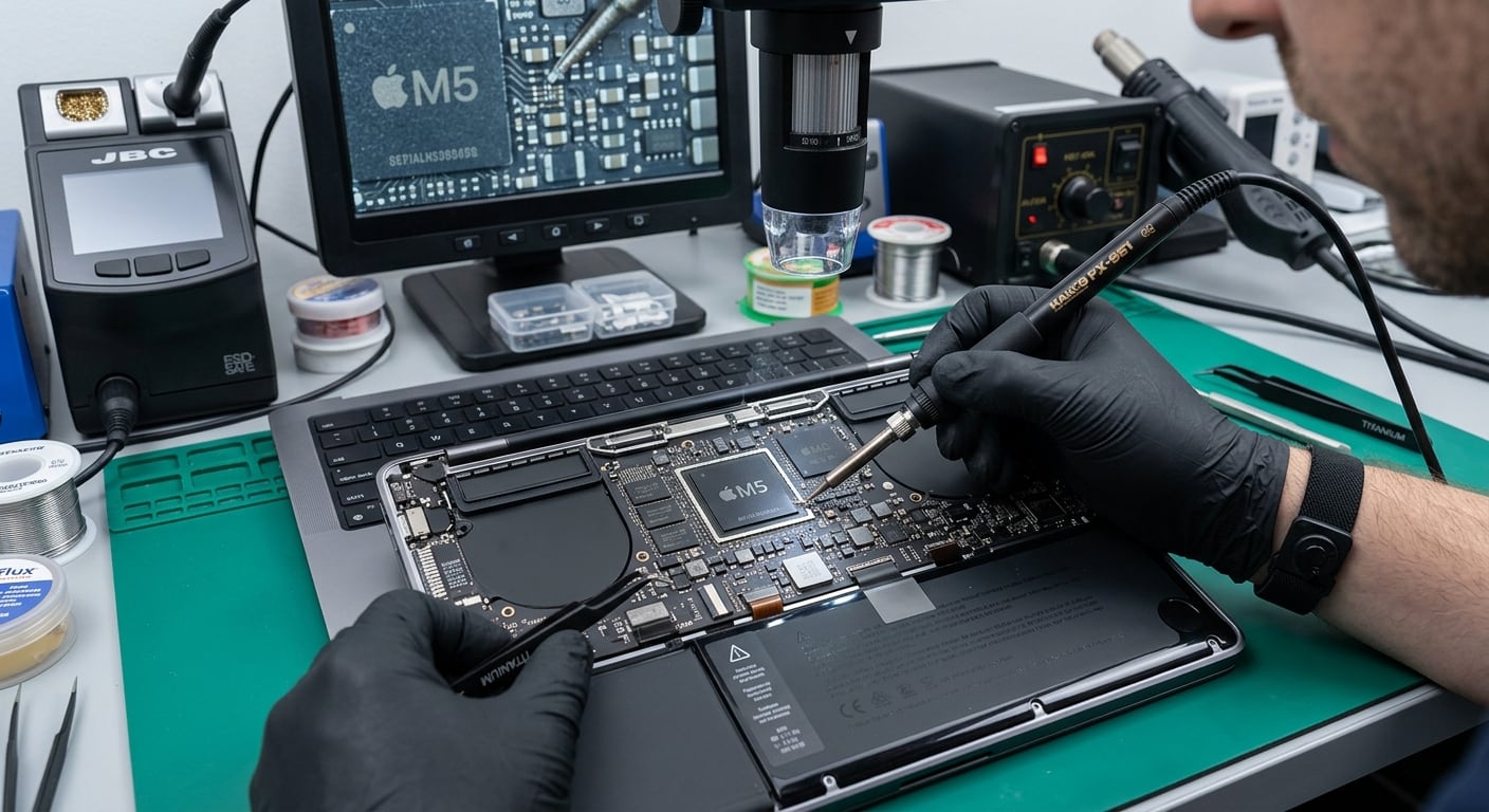 MacBook repair in Singapore: technician soldering M5 chip on logic board