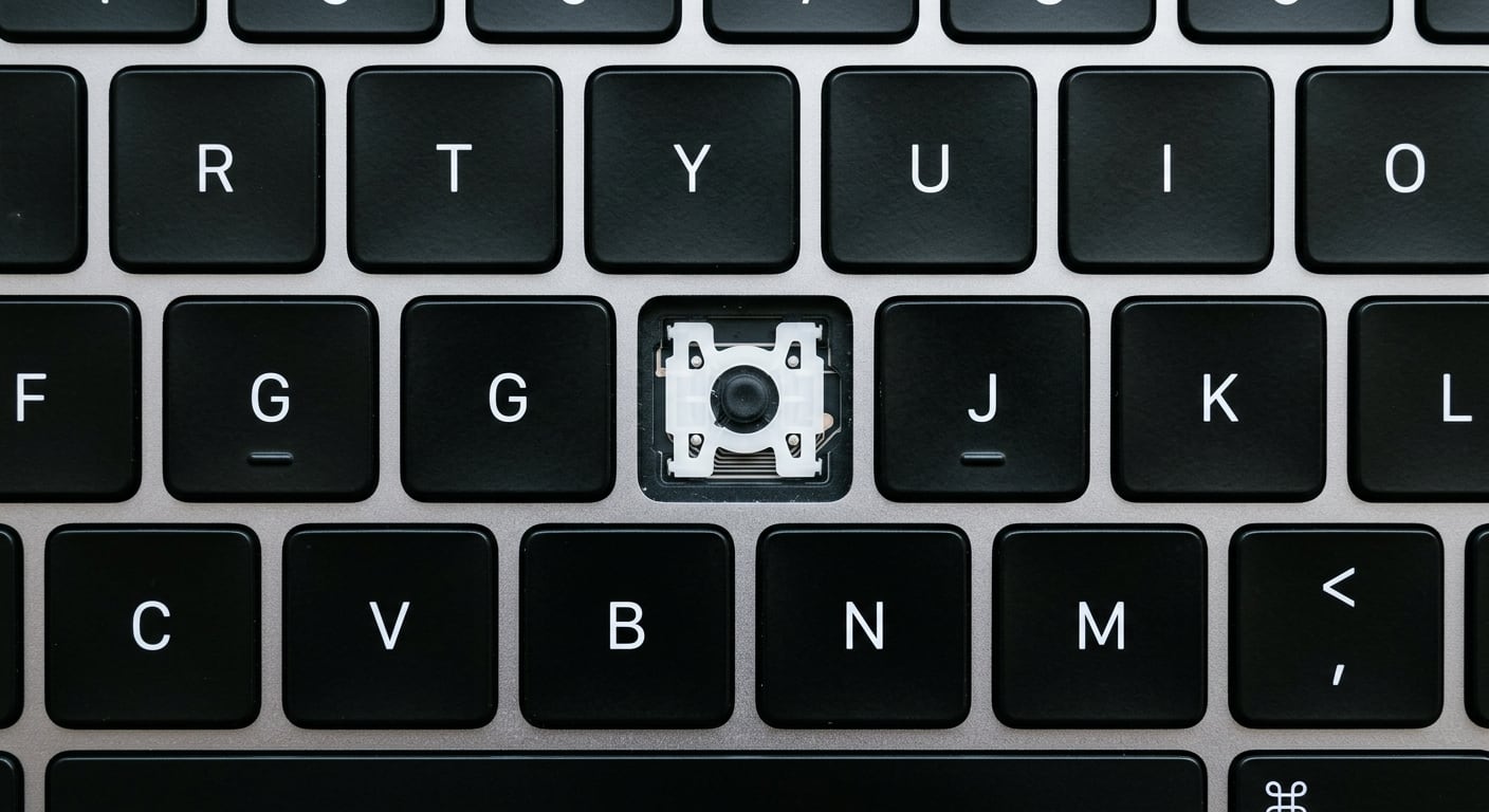 MacBook keyboard with a missing 'G' key, relevant for MacBook repair Singapore.