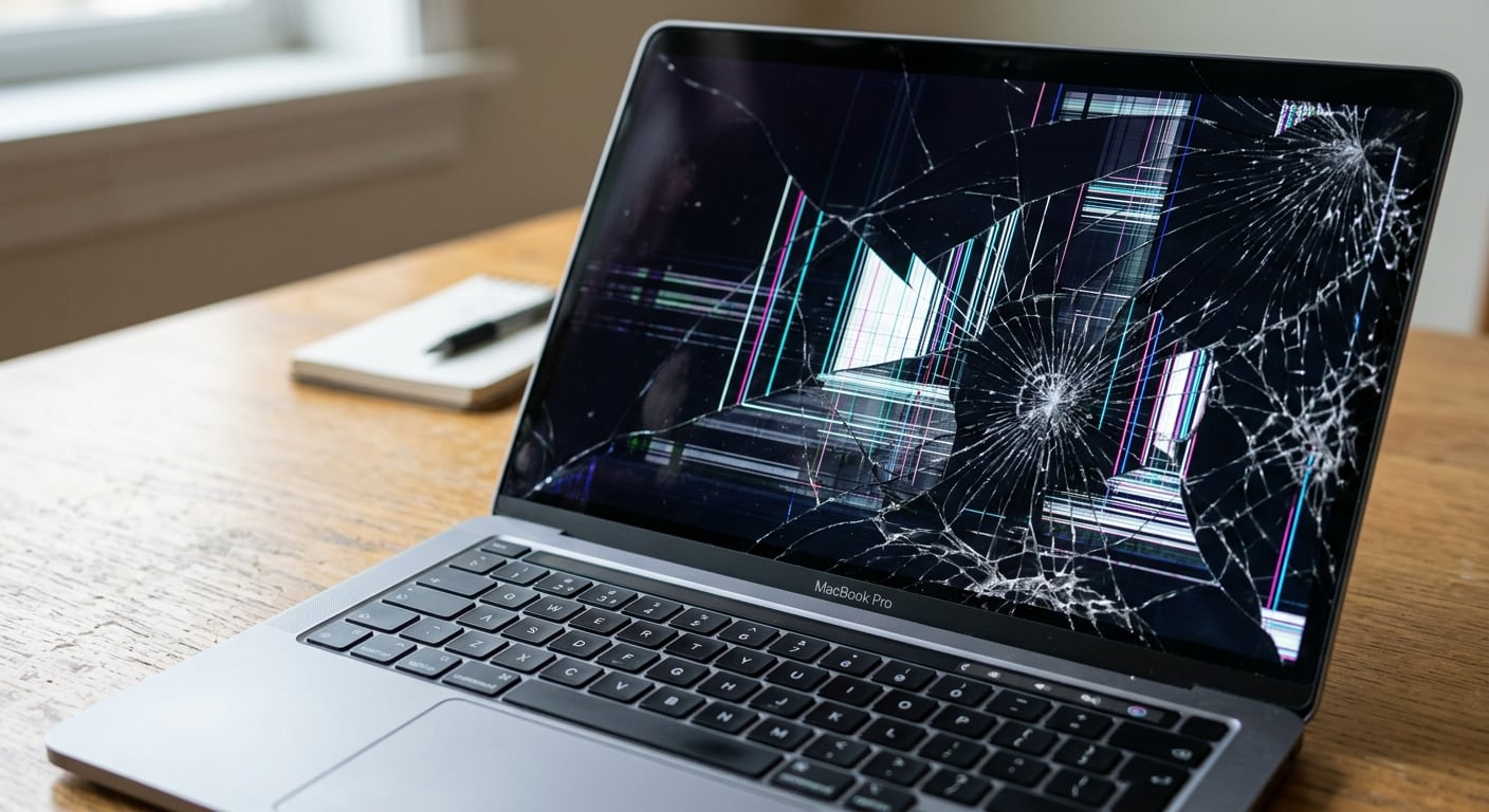 Cracked MacBook Pro screen, a common issue for MacBook repair in Singapore.