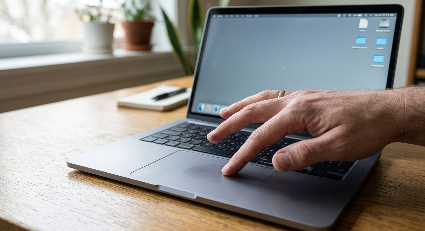 MacBook repair in Singapore: Hand using trackpad on a MacBook Pro laptop.