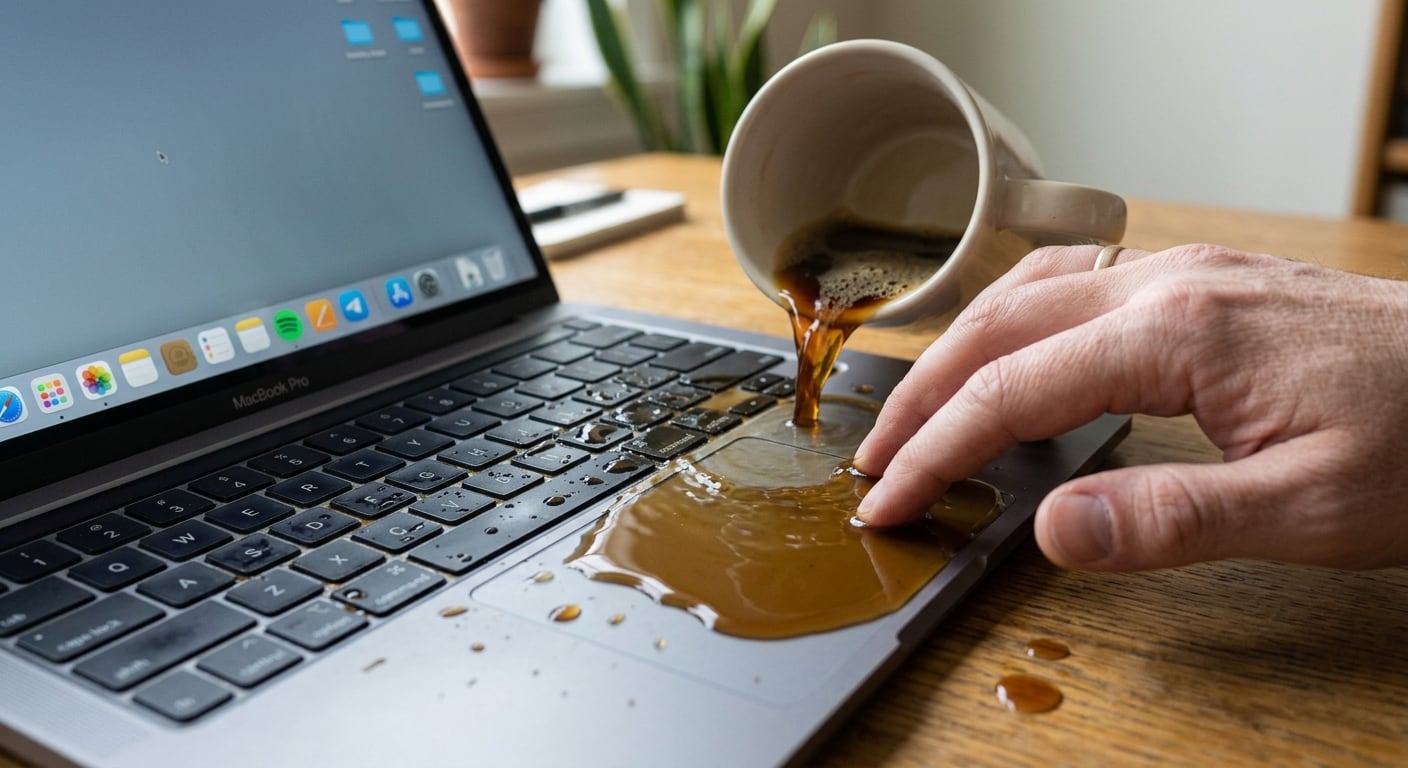 Coffee spill on MacBook Pro trackpad, a common cause for MacBook repair in Singapore.